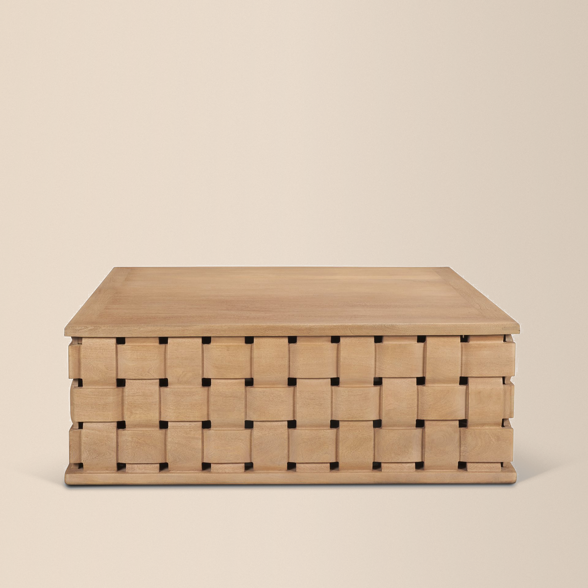 Front studio view of the Varelle Carved Mango Wood Square Coffee Table with a light brown solid mango wood top and carved woven block base on a warm beige background.