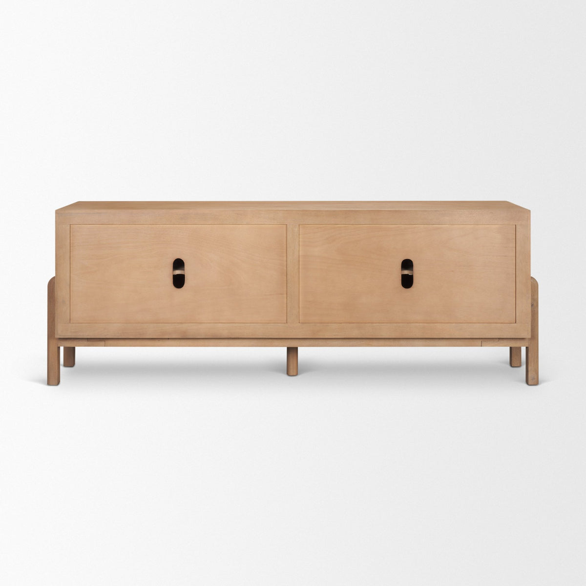 Back view of the Varelle Mango Wood Sideboard showing the finished rear panels and cable-management openings.