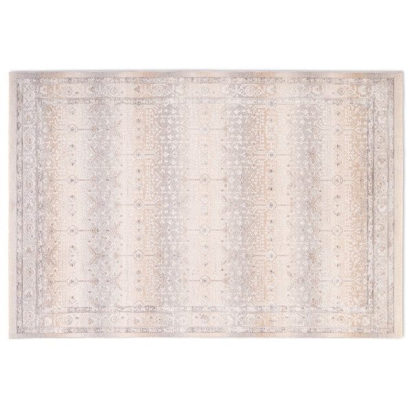 Full overhead view of the rectangular Verona area rug featuring a faded, distressed traditional medallion pattern in neutral beige and grey tones.