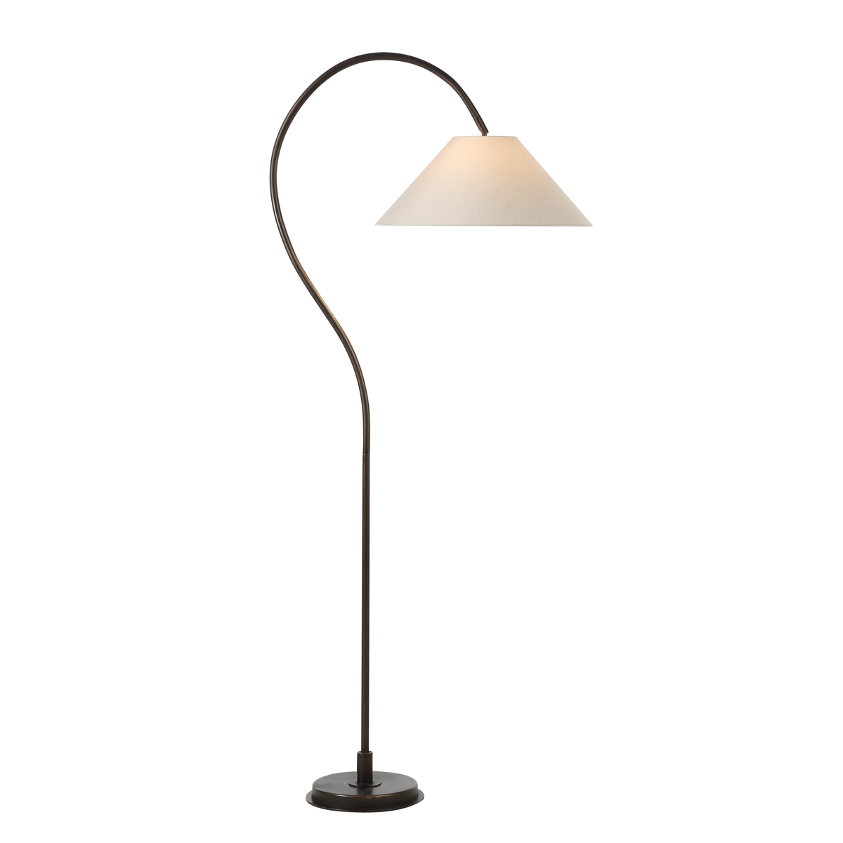 Vienne arc floor lamp illuminated to show the warm glow through its oatmeal linen shade.