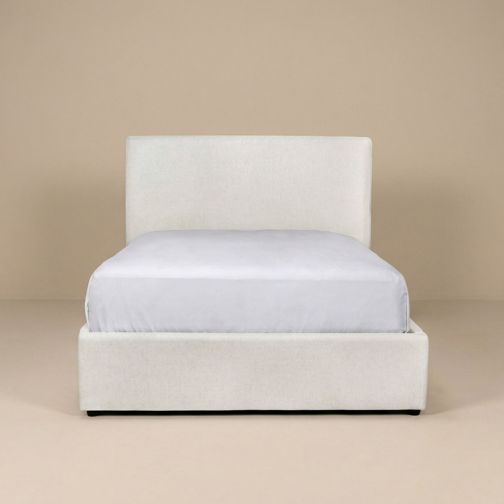 Full front view of the Vivienne upholstered platform bed in cream fabric featuring a modern low-profile design.