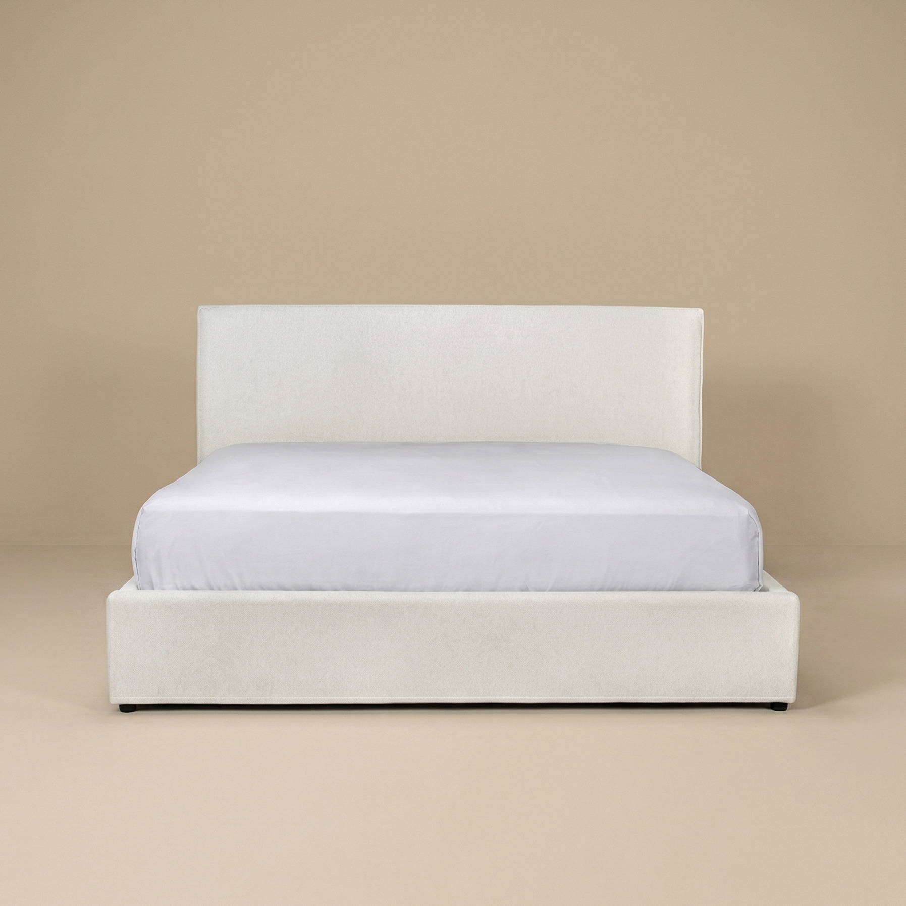 Full front view of the Vivienne upholstered platform bed in cream fabric featuring a modern low-profile design.