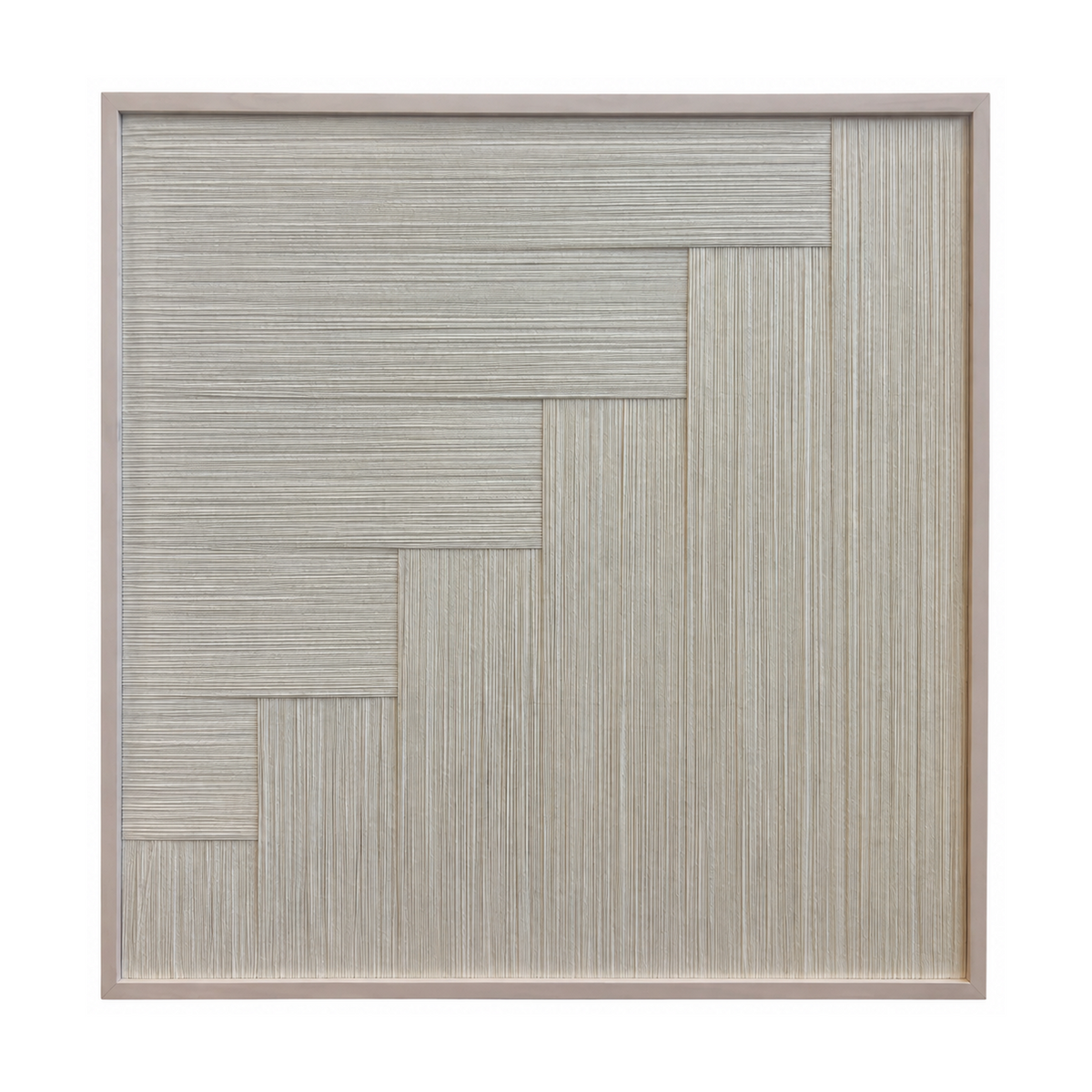 A square framed wall art panel featuring a geometric pattern of textured vertical woven in light beige tones, set against a solid white background.