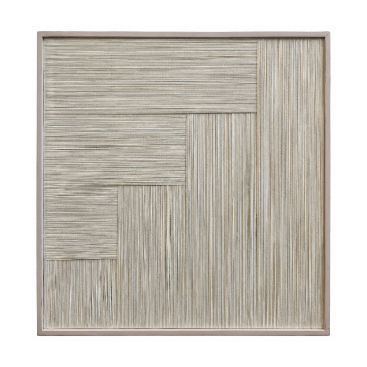 A square framed wall art piece featuring a geometric pattern of textured, vertically woven panels in light beige tone, set against a solid white background.