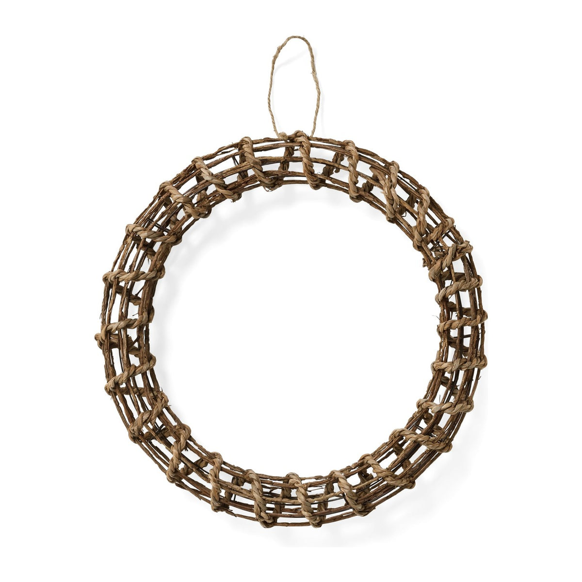 Natural woven round wreath in brown vine, grass, and rope