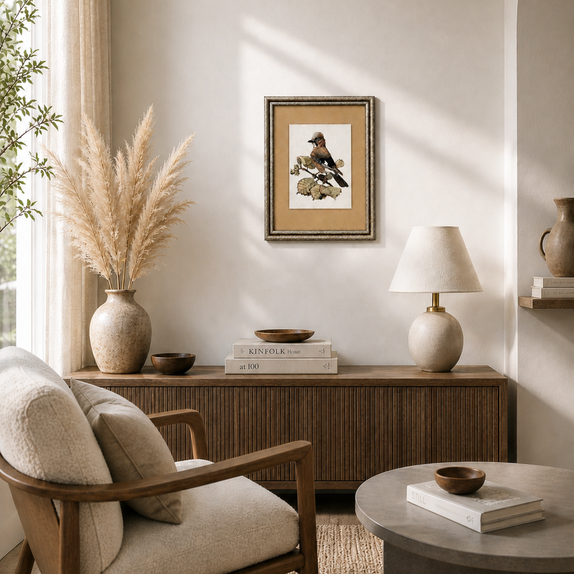 Living room with wooden armchair, side table, lamp, and decorative items.