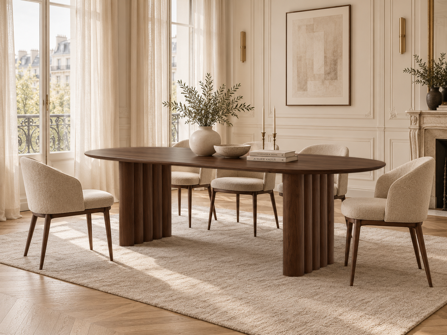 Adrian Dining Table – a modern dining room scene featuring a dark wood oval dining table with a fluted pedestal base