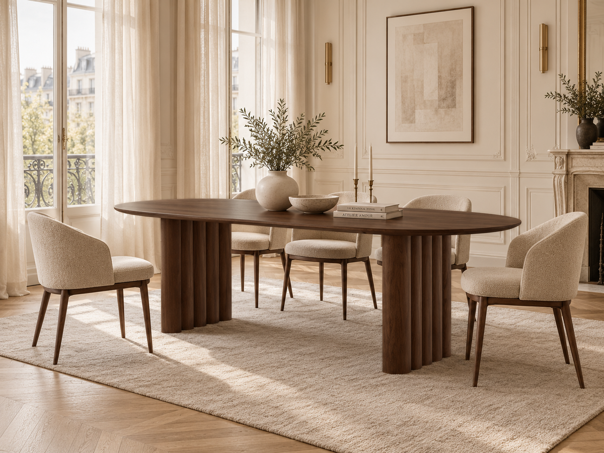 Adrian Dining Table – a modern dining room scene featuring a dark wood oval dining table with a fluted pedestal base