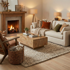Aero Block Wood Coffee Table styled in a cozy neutral living room with a stone fireplace and knit textures.