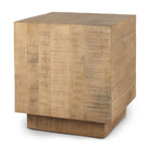 Wooden cube-shaped side table on a white background