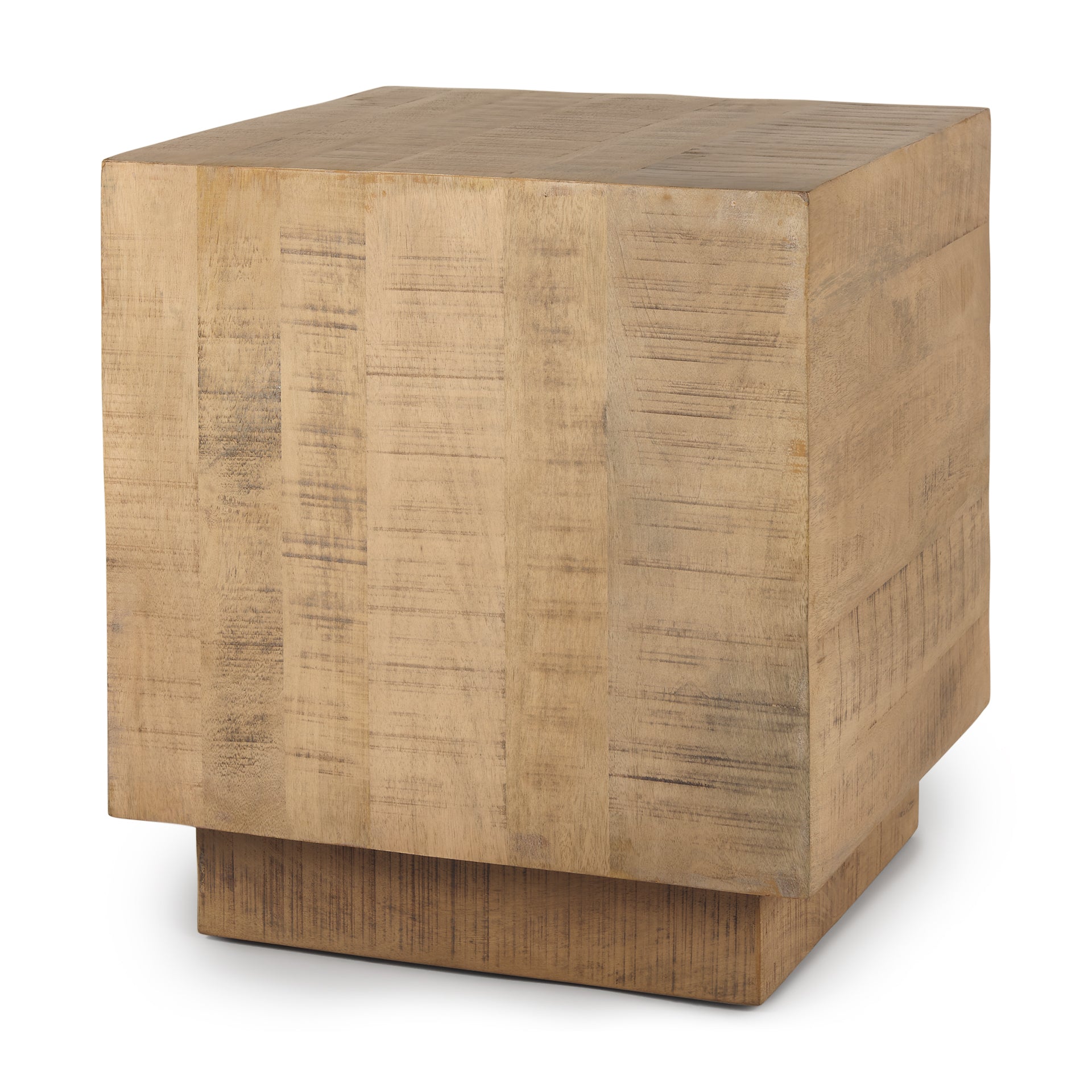 Wooden cube-shaped side table on a white background