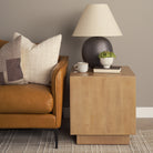 Brown leather sofa with decorative pillows and a wooden side table with lamp, mug, and plant.