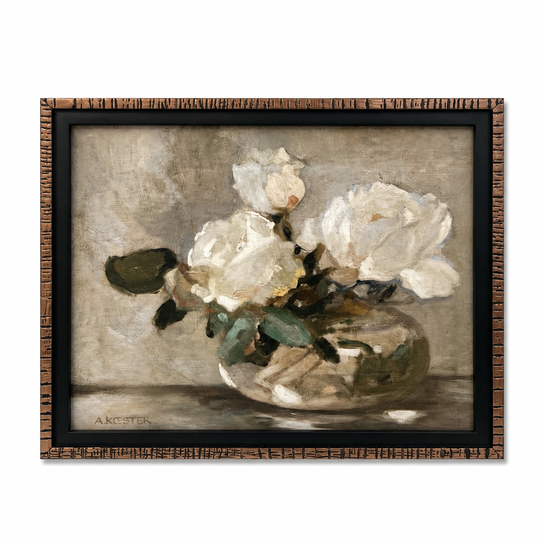 Framed painting of white flowers in a glass vase on a textured background