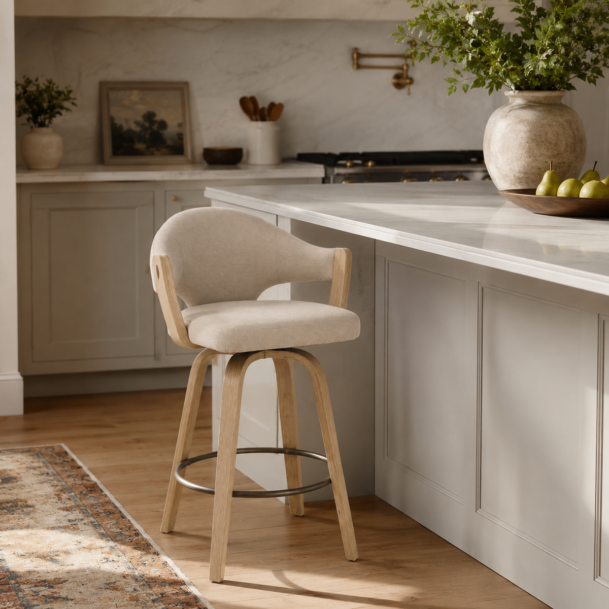 Natural wood Alden Swivel Counter Stool styled at a bright kitchen island