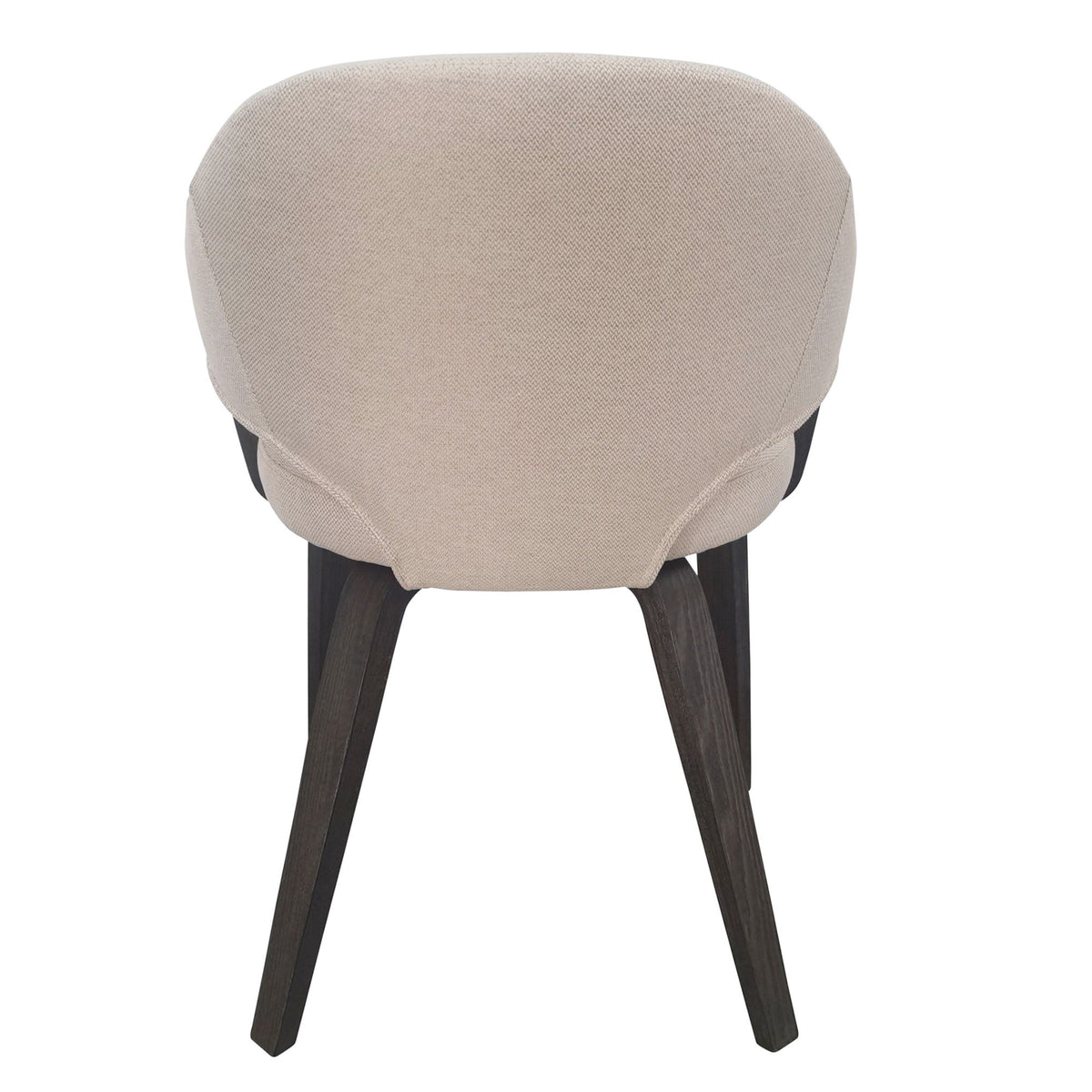 Beige upholstered chair with dark wooden legs on a white background featuring the Alden Dining Chair