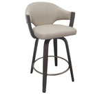 Bar stool with beige cushioned seat and dark wooden legs
