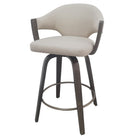 Bar stool with beige cushioned seat and dark wooden legs