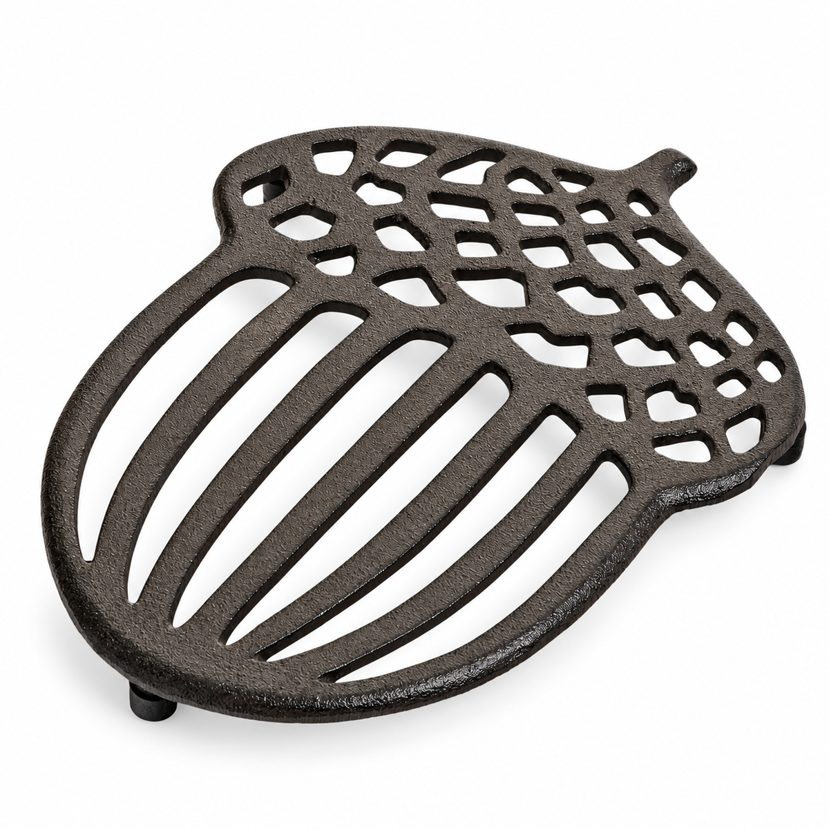 Alder acorn-shaped cast iron trivet in a dark brown finish