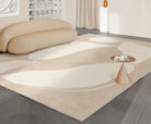 Almond Curves Art Rug styled in a modern living room with soft beige abstract shapes and curved lines