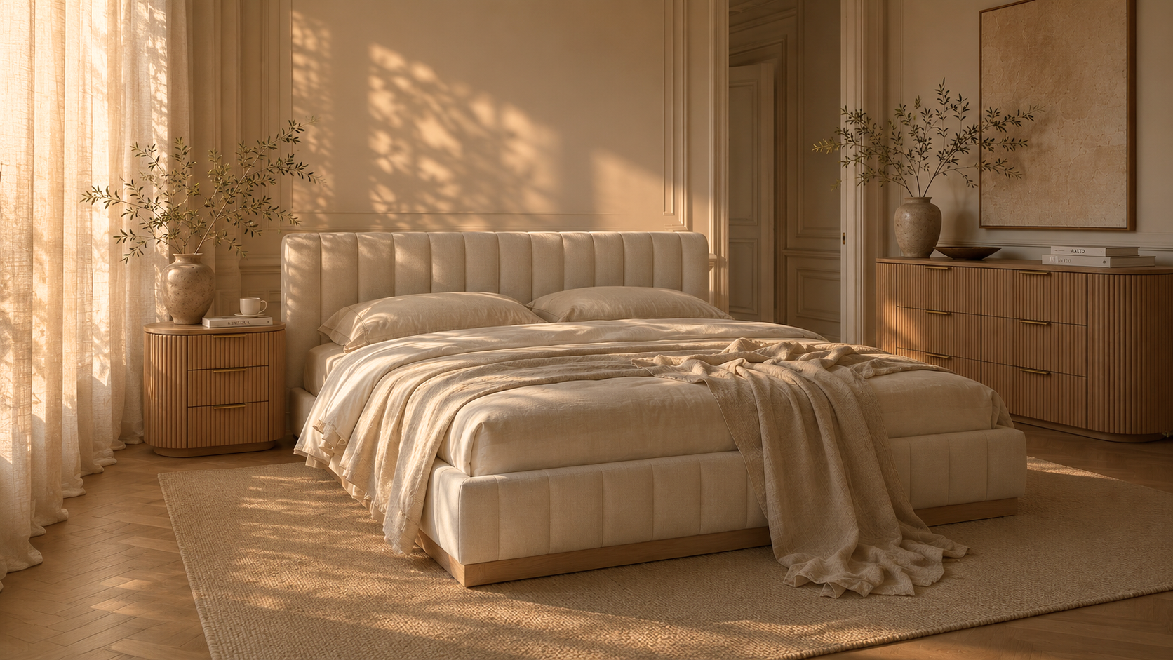 Beige bedroom with a large bed, side tables, and a dresser.