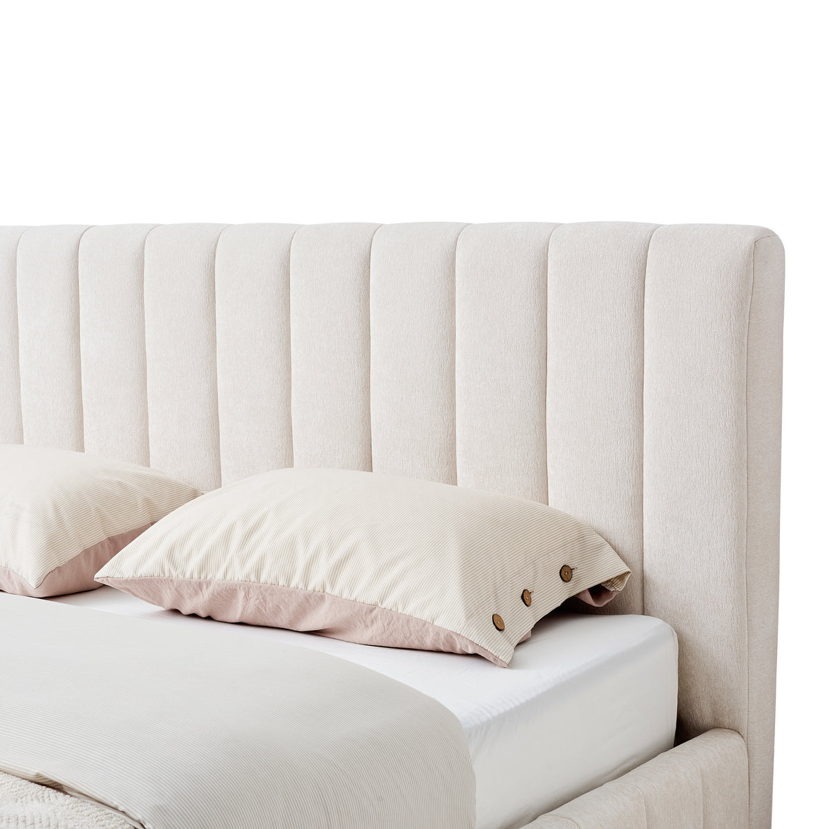 Beige tufted upholstered chenille headboard on a white background