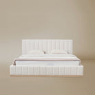 Beige linen bed with ash wooden frame against a beige background