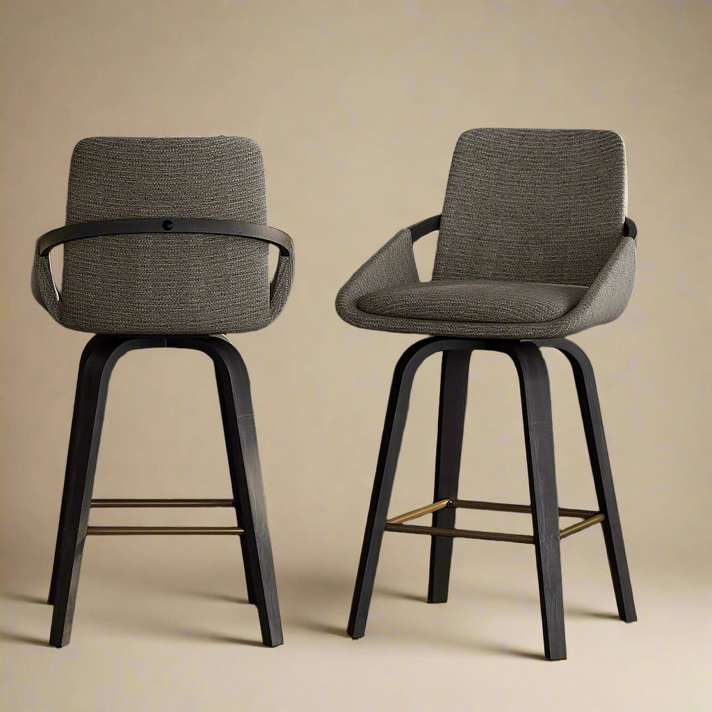 Front and back views of black Alpine Swivel Counter Stools with dark wood bases