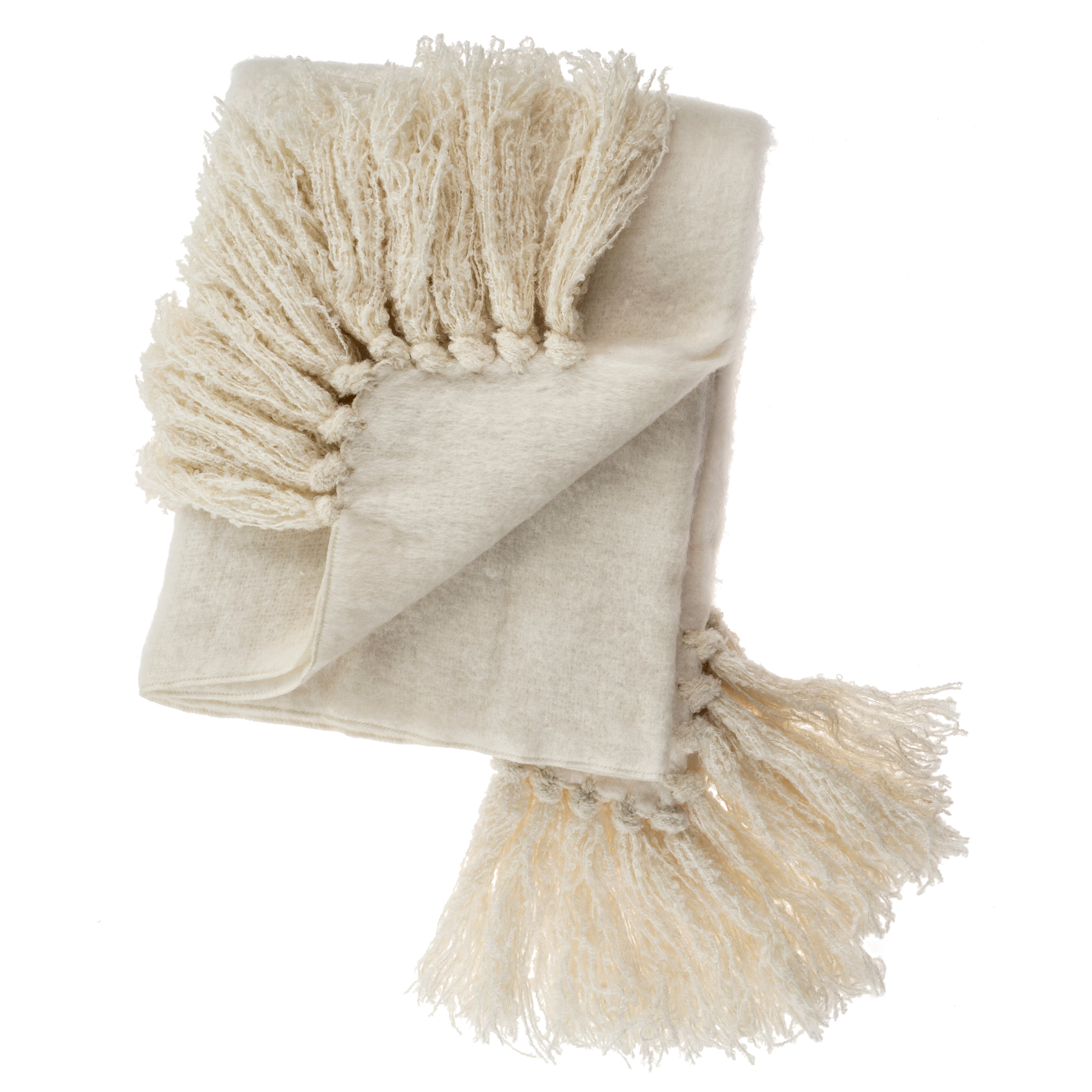 Beige throw blanket with tassels on a white background