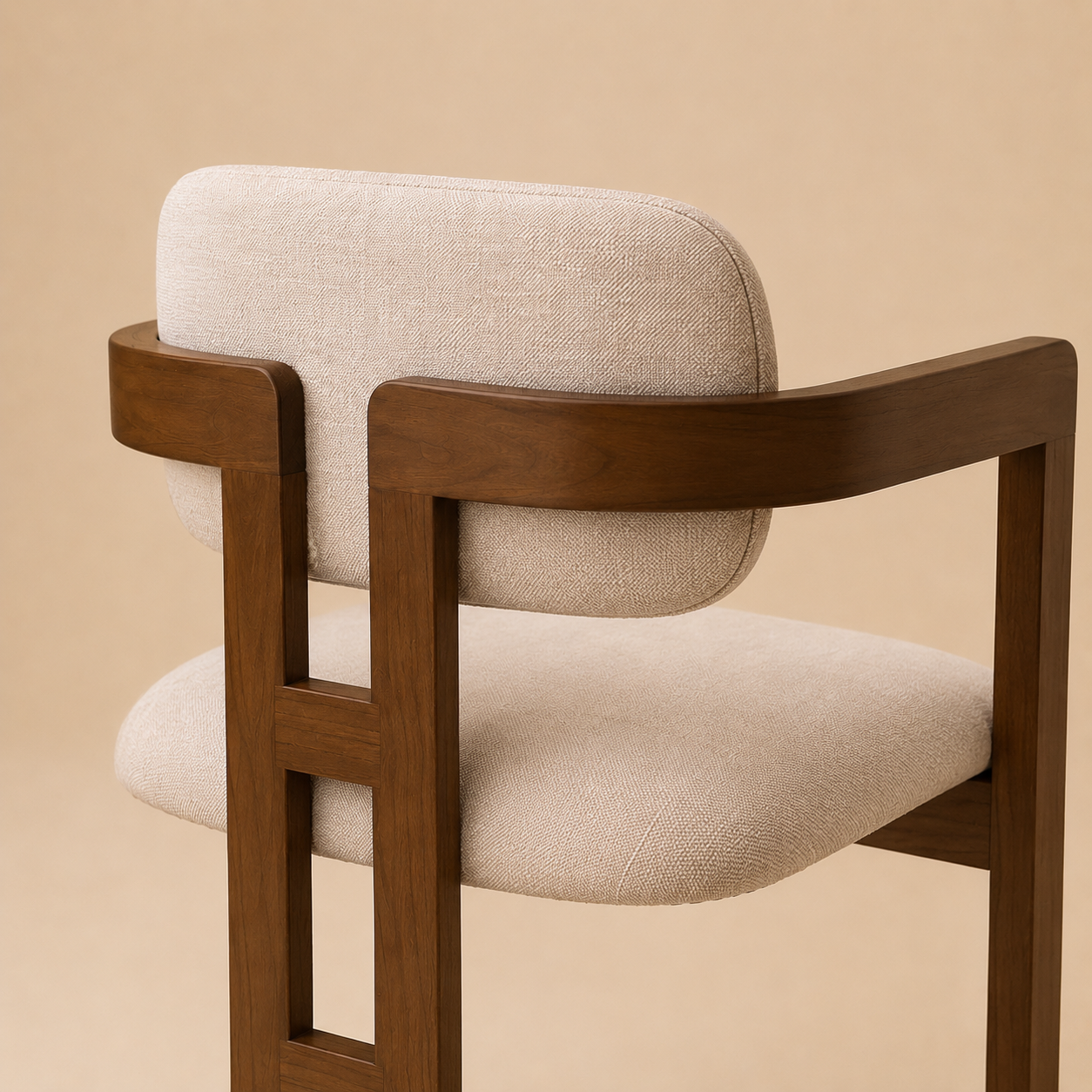 Back close up of the Amica Linen Ash Wood Dining Chair on a beige studio background
