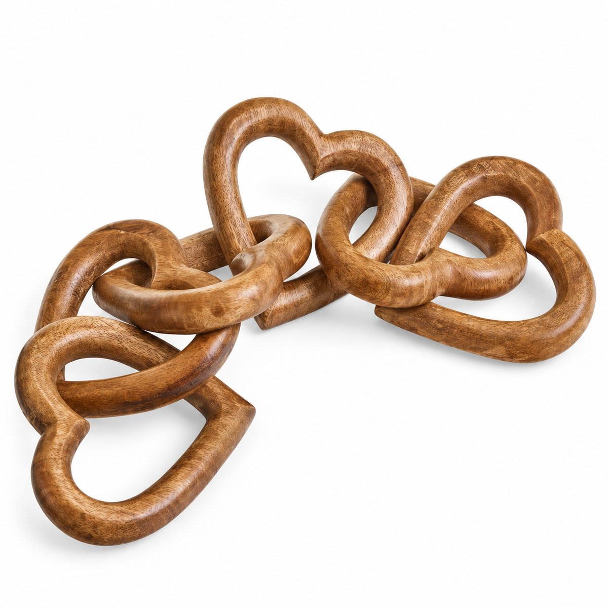 Decorative chain of six natural mango wood hearts