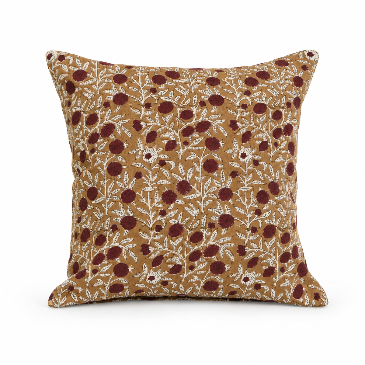 Anara woodsmoke brown cotton cushion with burgundy and ecru pomegranate block print