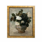 Framed painting of flowers in a vase on a white background