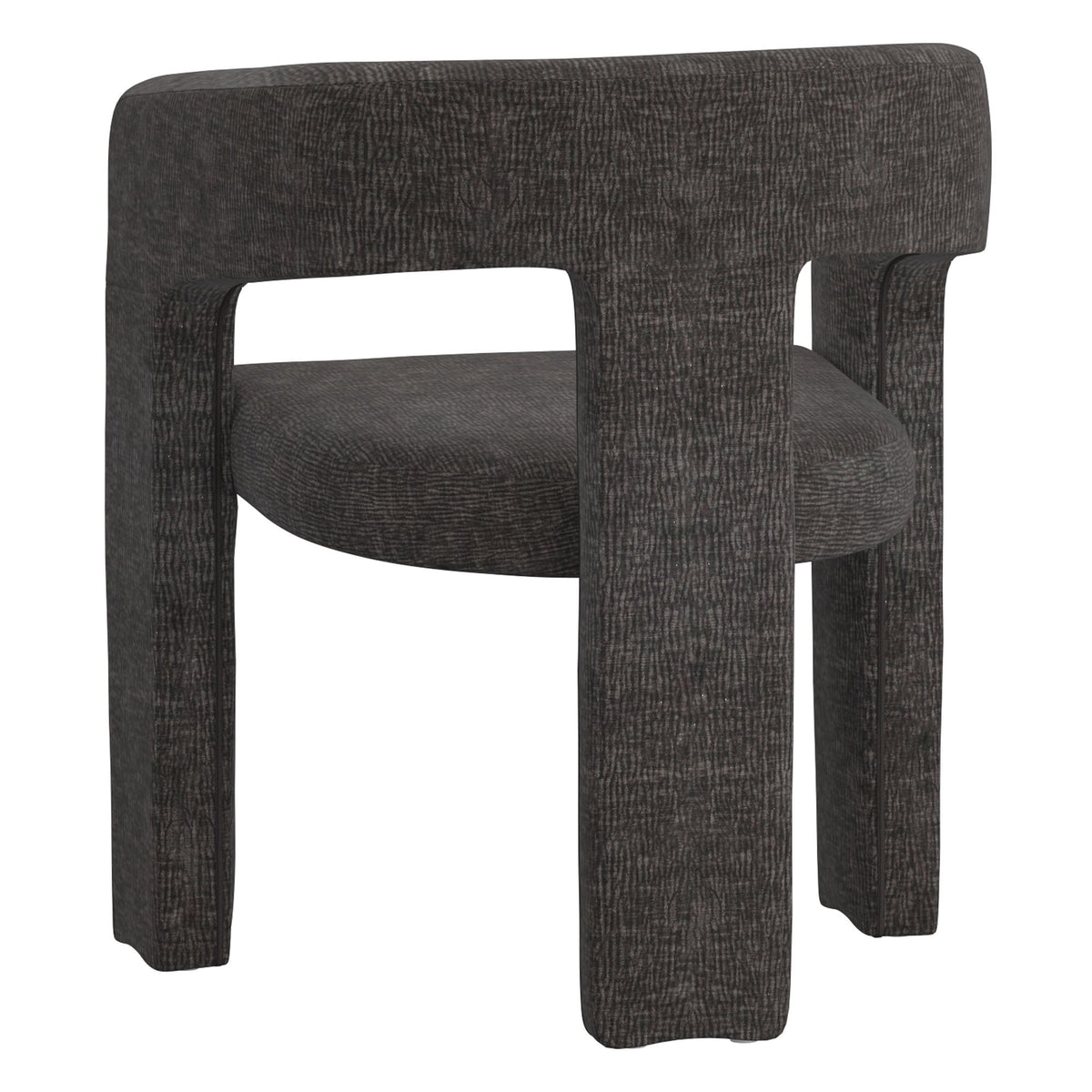 Back view of the modern dark grey Archway dining chair showing its striking sculptural design with a thick central back leg