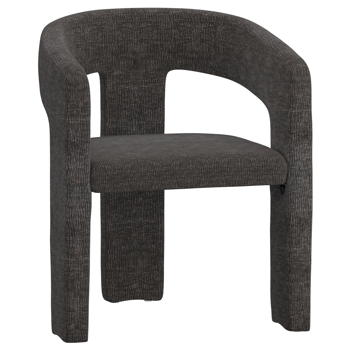 Angled view of the dark grey Archway dining chair showing its continuous curved armrest silhouette and textured charcoal fabric