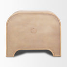 Back view of Arco cabinet showing clean finished wood paneling and circular cable management cutout.