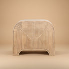 Arco Fluted Mango Wood Accent Cabinet featuring a geometric routed 2-door pattern and natural finish.