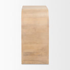 Side profile view of the Arco cabinet showing the smooth mango wood grain and waterfall curve.