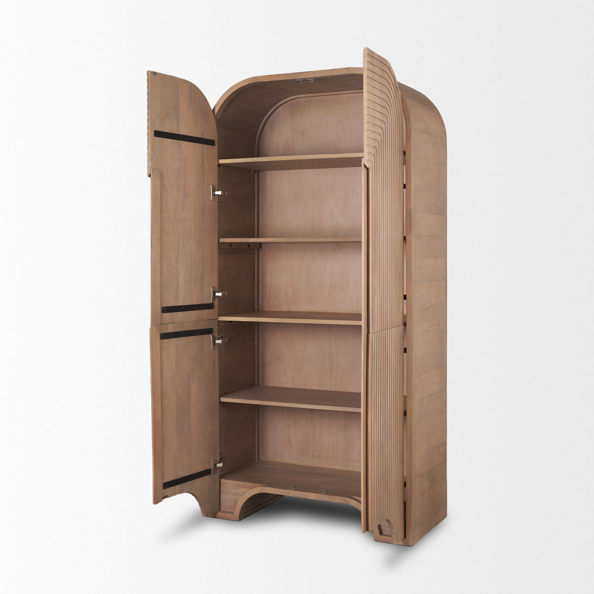 Arco curio cabinet with doors open displaying four spacious wooden storage shelves