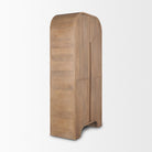 Side angle view of Arco tall storage cabinet showing the depth and geometric wood carving details.