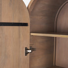 Interior detail of Arco curio cabinet showing adjustable shelf pegs and sturdy metal door hinge.