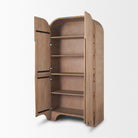 Arco curio cabinet with doors open displaying four spacious wooden storage shelves.