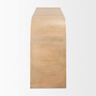 Side profile view of the Arco sideboard showing the depth of the cabinet and natural mango wood grain.