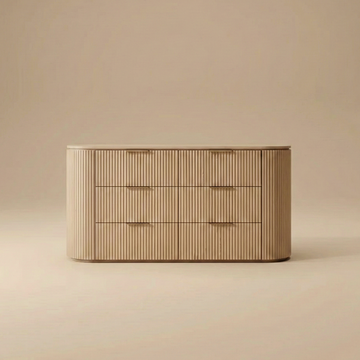 Arden oak dresser featuring a curved silhouette with vertical fluted wood texture and six spacious drawers with brass finger pulls
