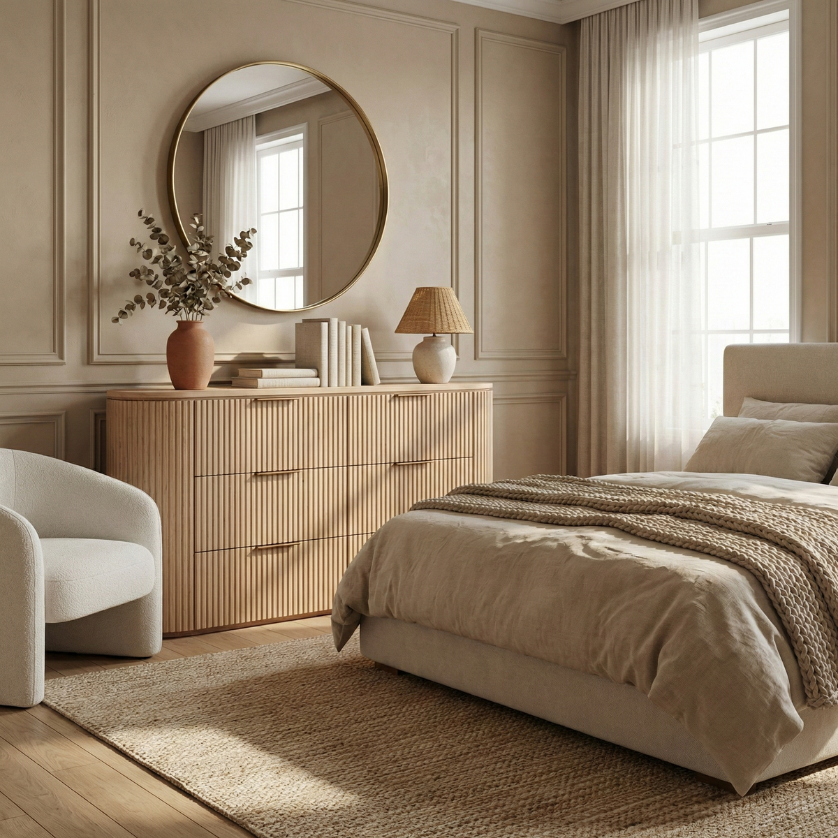Arden oak fluted dresser styled in a warm neutral bedroom with a round mirror, ceramic decor, and a boucle armchair