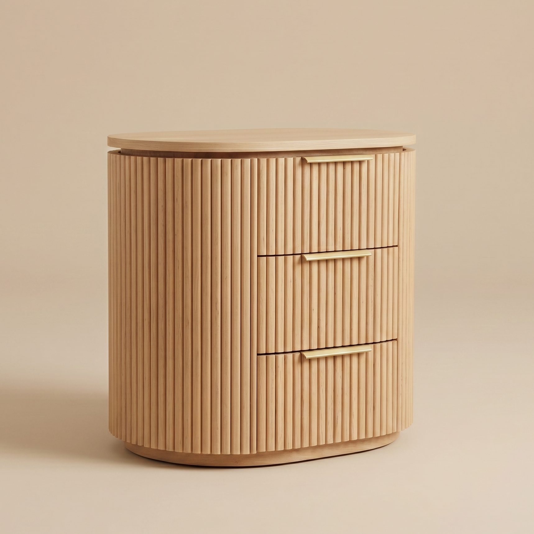 Wooden side table with two drawers on a beige background