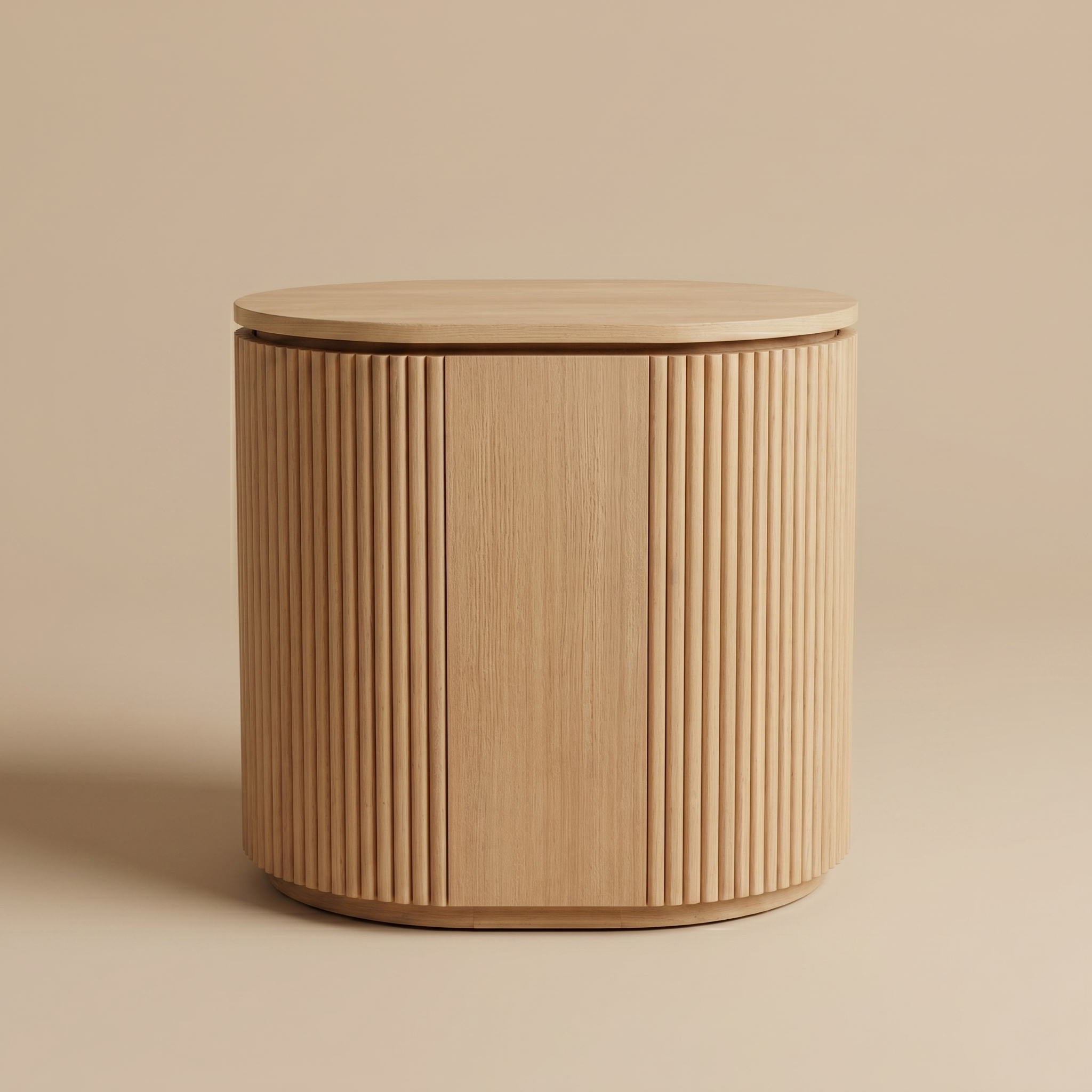 Wooden side table with a ribbed design on a beige background