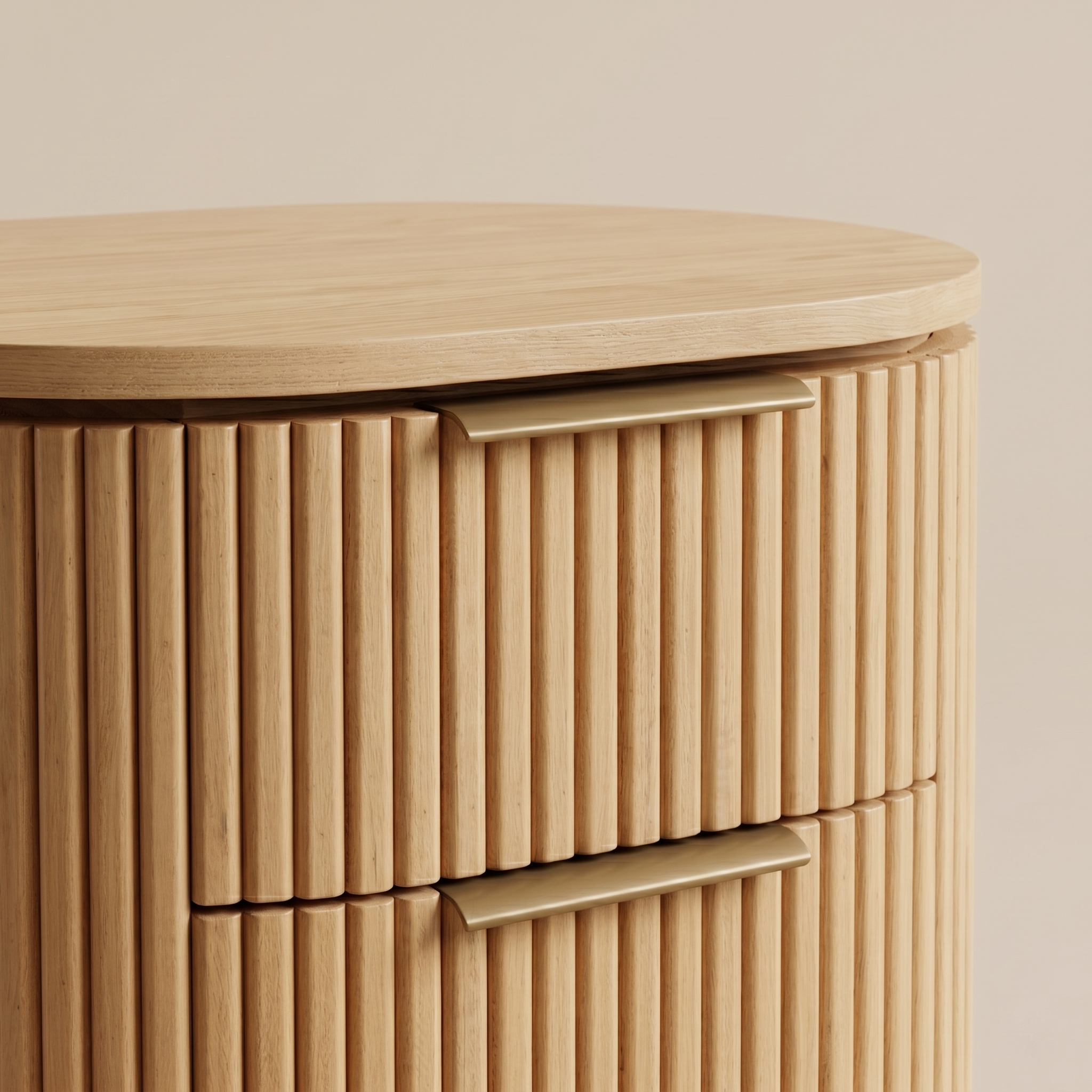 Wooden drawer unit with a light wood finish on a beige background