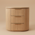 Wooden side table with a minimalist design on a beige background