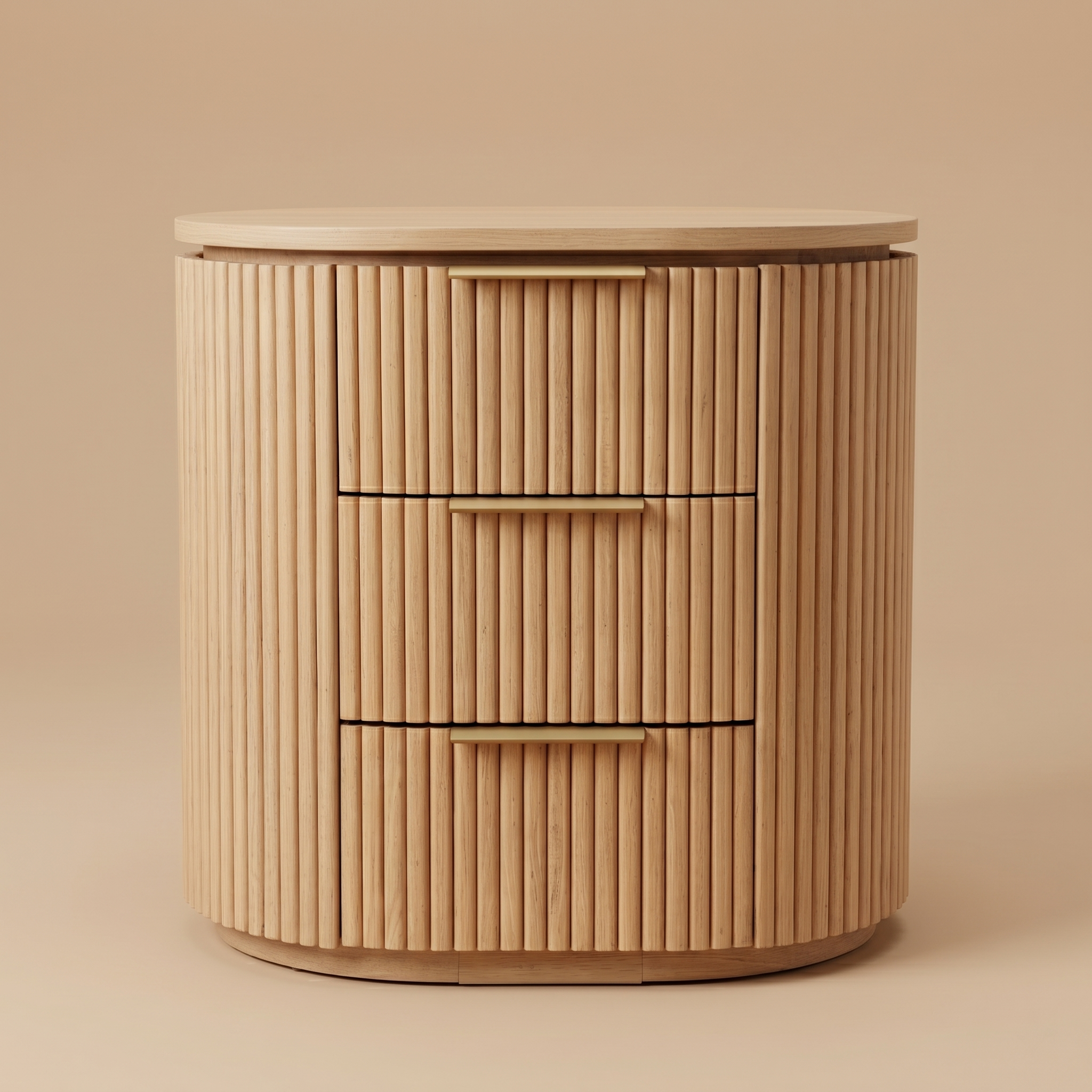 Wooden side table with a minimalist design on a beige background