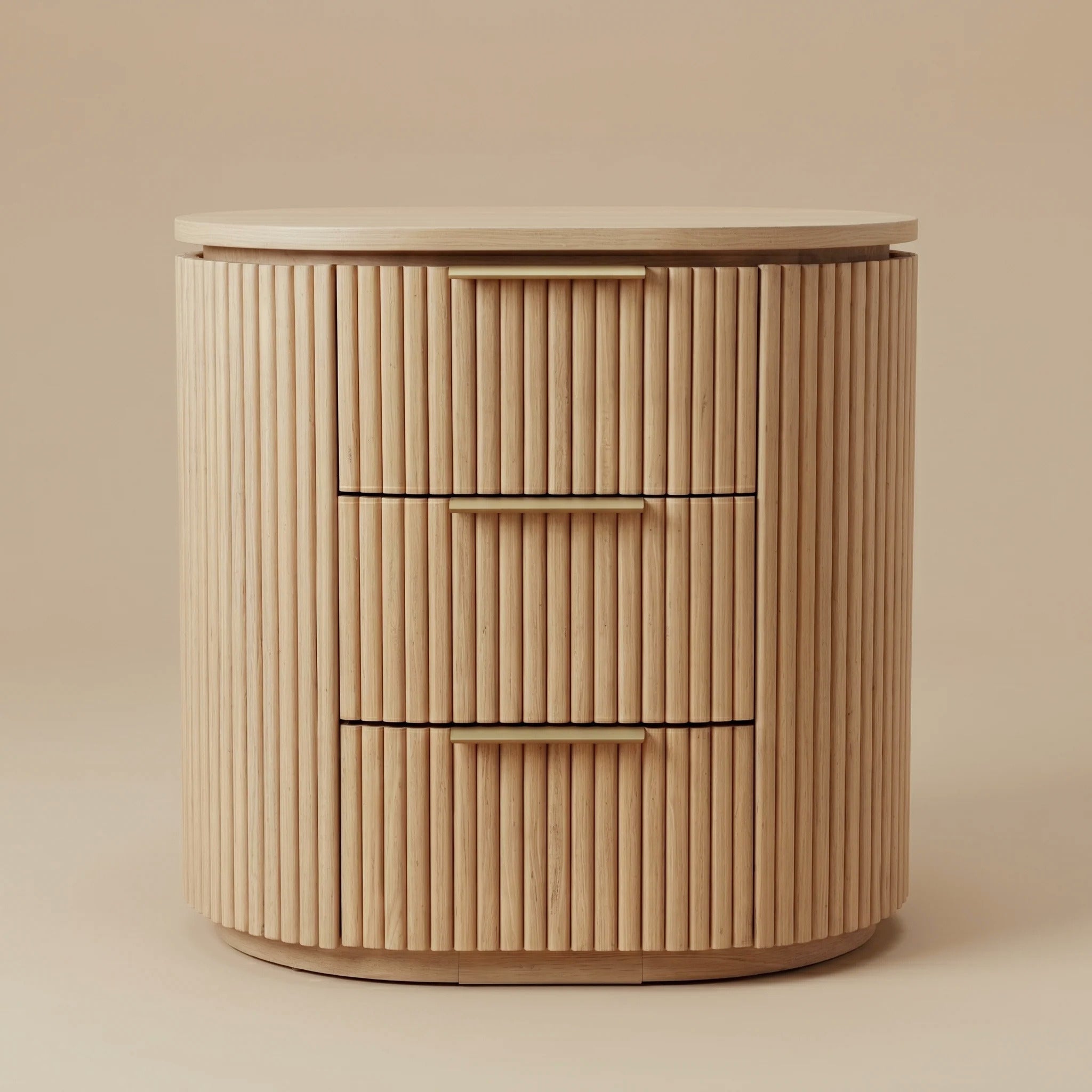 One Arden Oak Night Stand from the set of two, showing three fluted drawers and a curved oak profile, front view